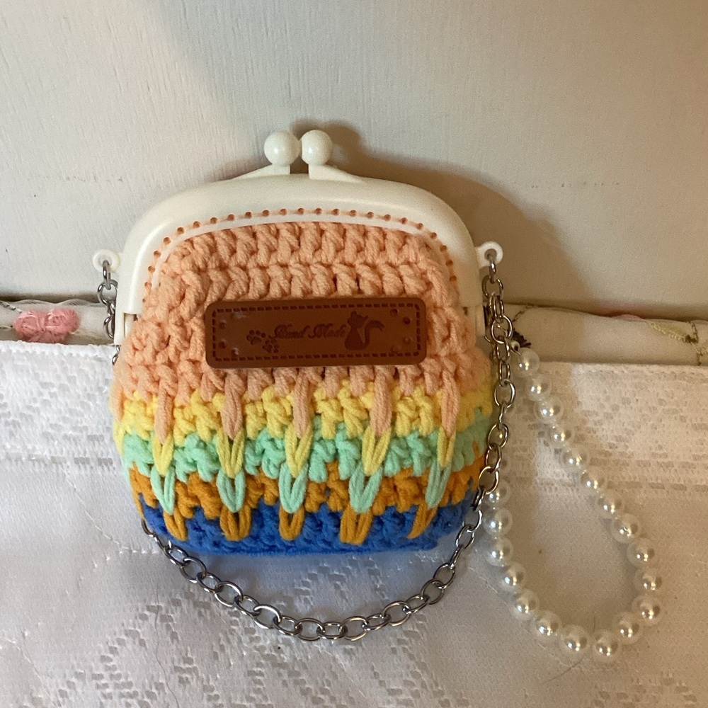 Artisan Pastel Gradient Crochet Mini Bag with Pearl Strap